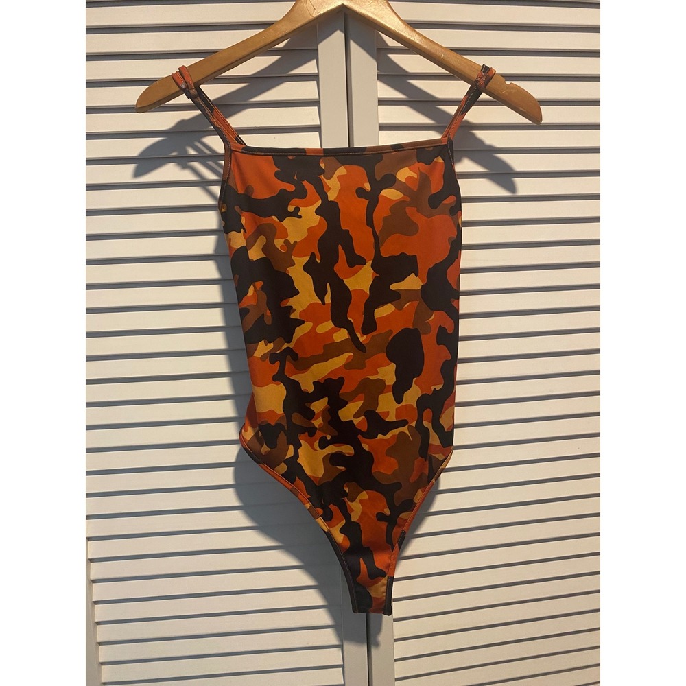 Tic Toc Womens Orange Camouflage Bodysuit Square Neck Adjustable Straps Size M